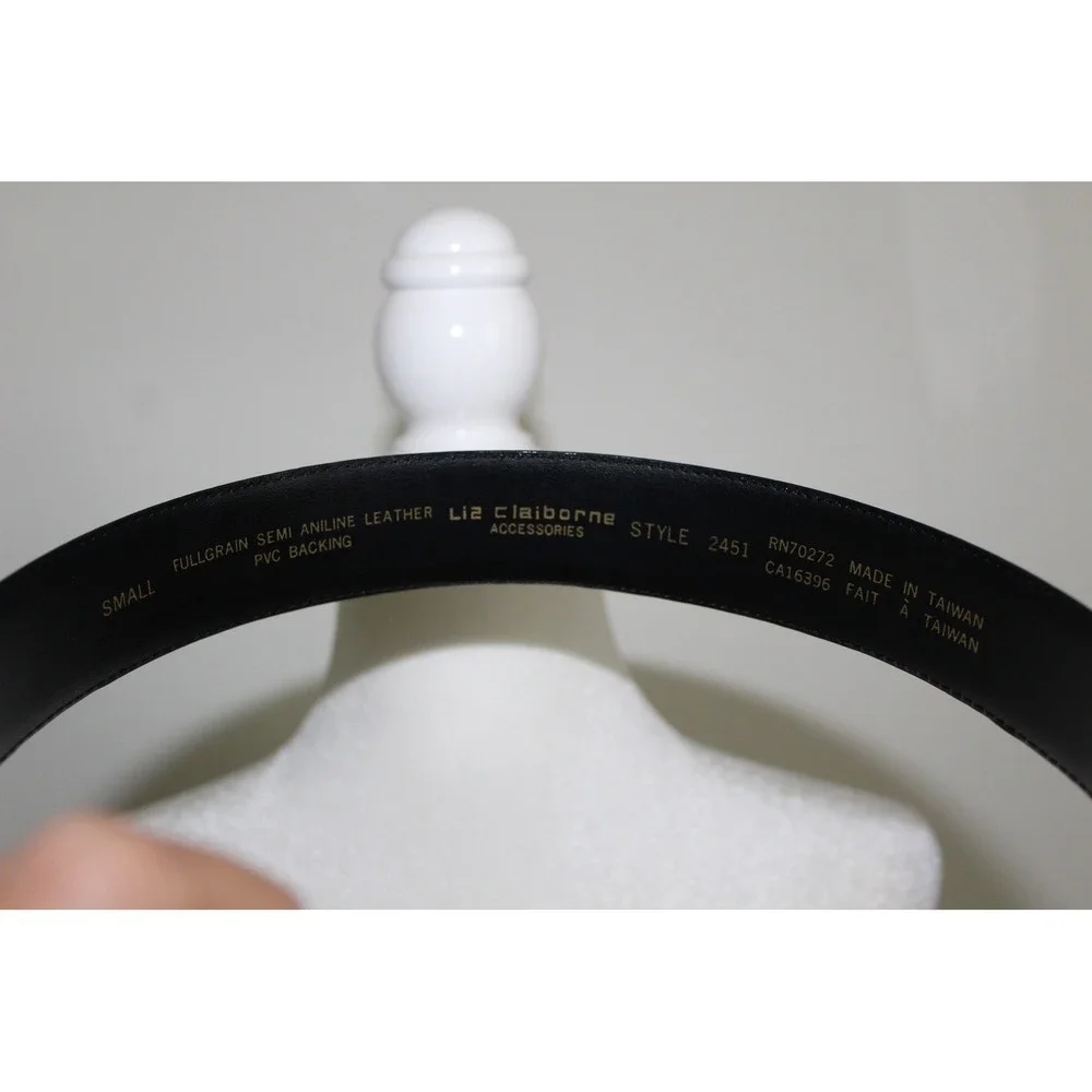 VTG Liz Claiborne Black Leather Belt Gold Ribbed Round Buckle Size Small